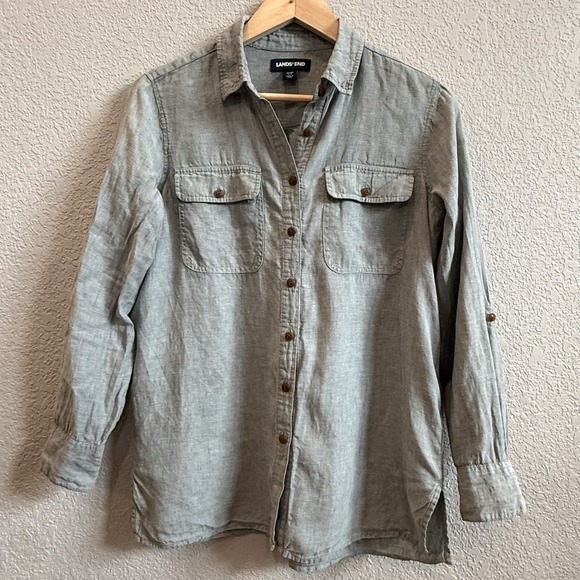 Lands' End Tops - Lands End 100% Linen Utility Button Up Shirt S(6-8) Dark Sage Roll Tab Sleeve